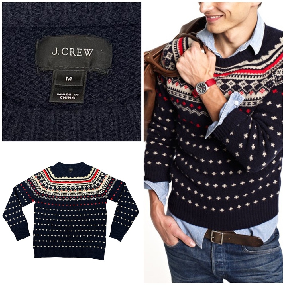 J. Crew Lambswool Fair Isle Knit Pullover Crewneck Lightweight Sweater Navy Red